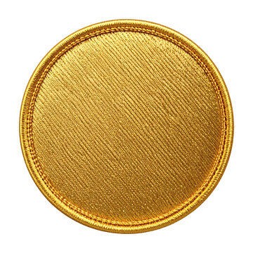 Highly detailed close up of a luxurious shiny golden circular fabric patch with textured stitching ready for custom embroidery or emblem design&nbsp;