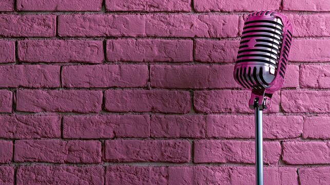 Vintage microphone stands against a vibrant, textured purple brick wall