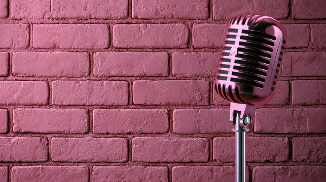 Vintage microphone on a pink brick wall, ready for performance