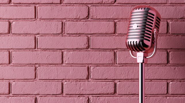 Retro microphone stands against a textured pink brick wall