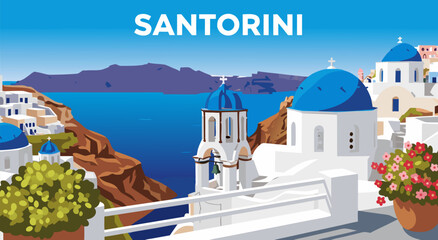 Obraz premium Santorini Greece Summer Travel Landscape Illustration Vector Design for Tourism Promotion and Mediterranean Vacation Concept Art 6