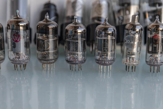 Vacuum electronic radio tubes. Antique electronic components close-up