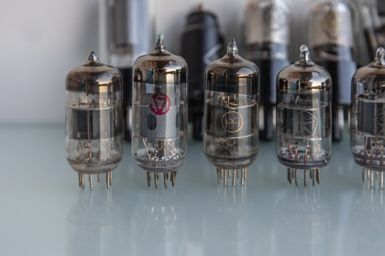 Vacuum electronic radio tubes. Antique electronic components close-up