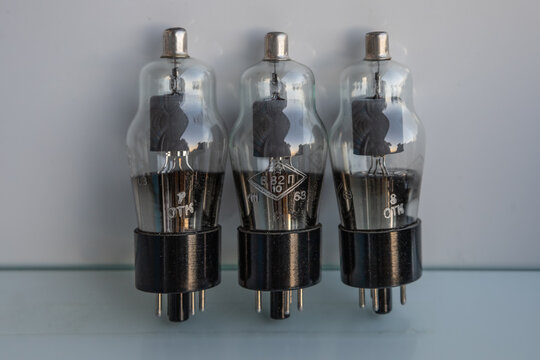 Vacuum electronic radio tubes. Antique electronic components close-up