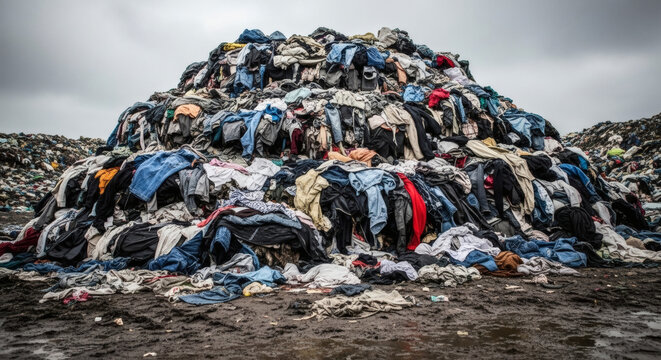 Large pile of discarded used clothing and textile waste dumped in a massive heap at an outdoor landfill site environment