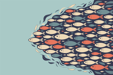 Flat vector illustration of a dense school of tropical fish swimming in a fish arrow shape formation art, marine concept