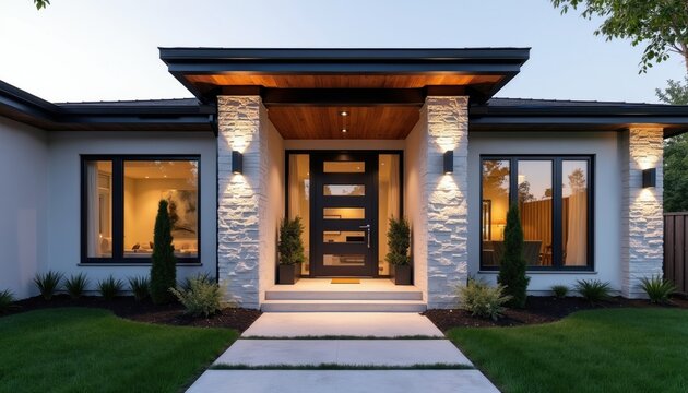 Contemporary home exterior modern design with stone accents, clean lines. Sleek black door entry glass panels illuminated by outdoor lighting. Well maintained lawn, landscaping enhance curb appeal.