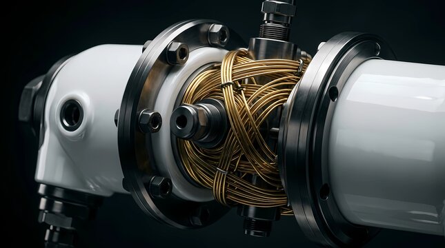 Close up of a heavy duty pneumatic pressure valve mechanism with intricate copper wire coils