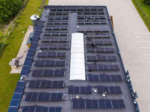 Aerial view of a cheese factory roof covered with extensive solar panel arrays and a central skylight in Ikskile, Ogre Municipality, Latvia.