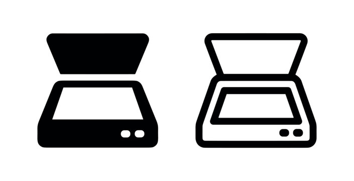 Document scanner icon set, outline and filled glyph style, digital imaging and office equipment symbol for scanning.