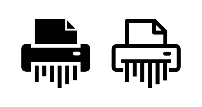 Paper shredder icon set, outline and filled glyph style, document security and disposal symbol for sensitive information.