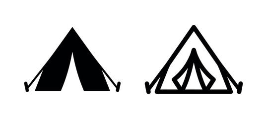 Camping tent icon set in solid and outline style. Outdoor adventure and wilderness shelter pictogram. © liubomir118809