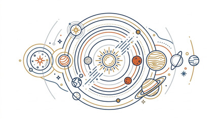 Stylized Solar System Diagram with Planets Orbiting the Sun. © yuno