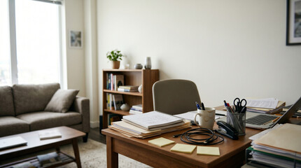 Fototapeta premium Hybrid Work Living Room Corner With Cluttered Desk And Copy Space