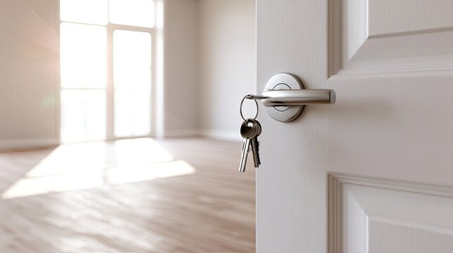 Open doorway with keys, inviting sunlight into empty room