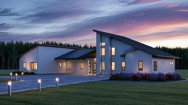 Modern dwelling with striking angular rooflines illuminated by twilight