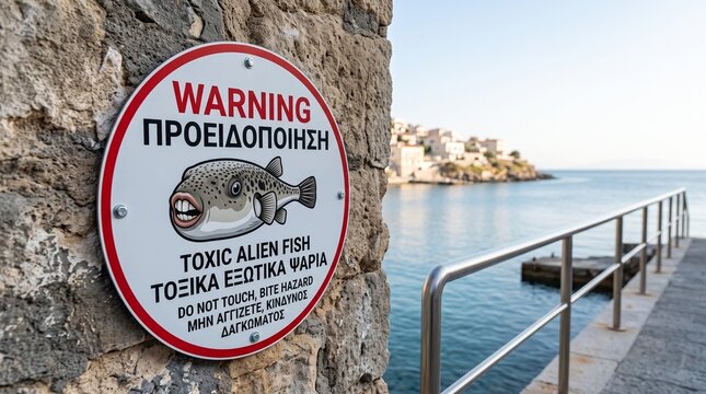 Seaside Fish Warning Sign Over Mediterranean Waterfront Path