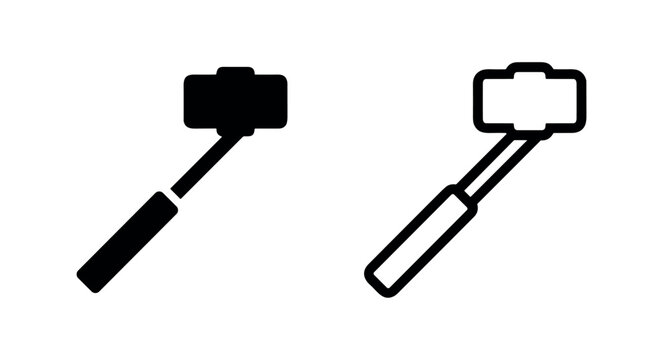 Selfie stick icon set, solid and outline vector illustration for self-portraits and mobile photography.