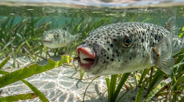 Close lagocephalus sceleratus Grazing Damage on Mediterranean Seagrass in Shallow Water