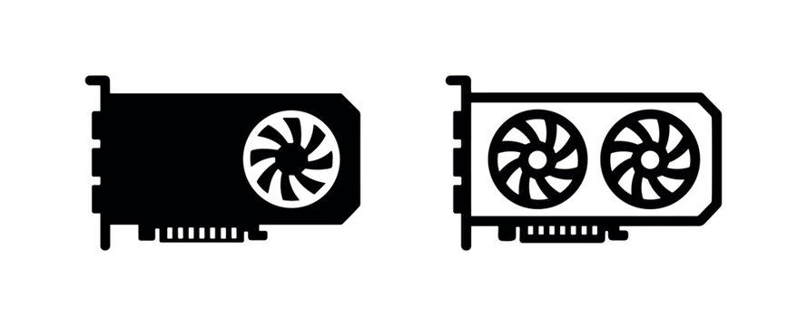 Black and outlined computer graphics cards on white background, tech icons