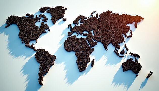 Aerial view shows world map formed by tiny people figures. This visual represents global unity and human connection across continents. Symbolizes teamwork and population growth on planet Earth.