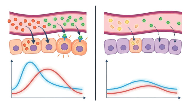 Biological diagram showing cellular signaling and molecular transport mechanisms with comparative line graphs