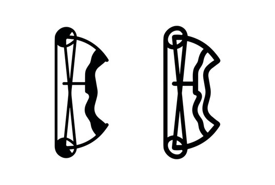 Compound bow icons in solid and outline styles for archery and sports themes