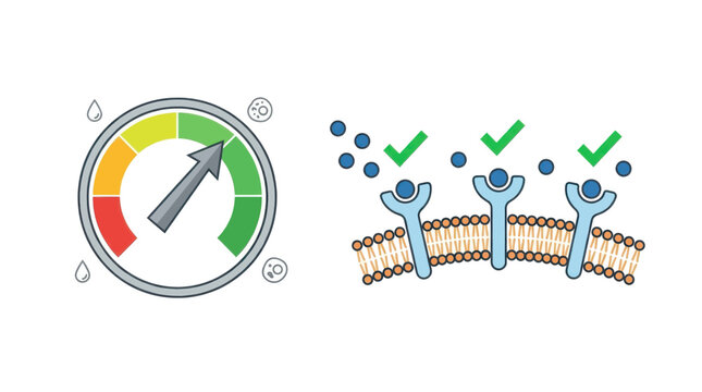 Biological receptor activation and gauge meter illustration showing cellular response efficiency levels isolated on a clean white background for science