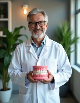 Smiling dentist in white coat holds teeth model explaining dental care. Pro health worker consults patient on oral hygiene in clinic. Man shows gums and teeth.