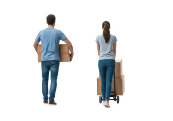Obraz premium Couple carrying boxes moving into new home.