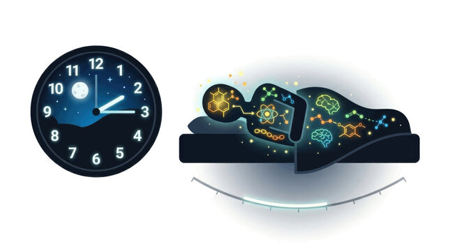 Circadian rhythm and human sleep cycle representation with glowing biological molecules