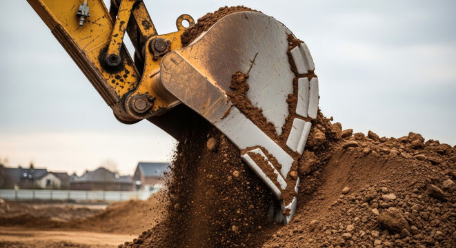 Excavator bucket digging into brown earth at a construction site with heavy machinery moving soil for residential building development projects