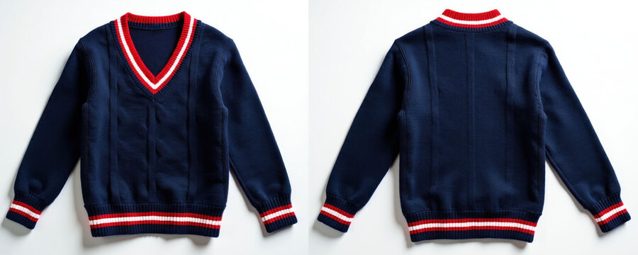 Navy blue V-neck knitted sweater for kids with red and white striped trim. Classic sporty pullover style, perfect for cool weather. Warm and comfortable children apparel.