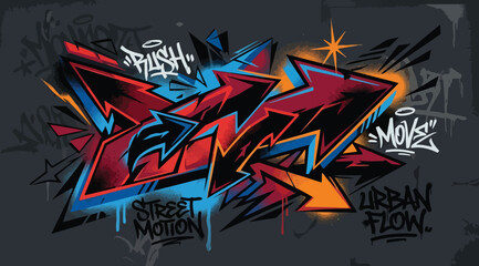Vibrant graffiti art mural featuring stylized lettering and dynamic arrows with street motion theme on dark background © Saharia