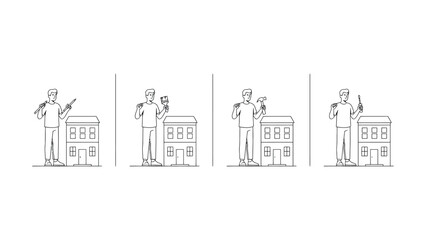 Fototapeta premium Line of a man with tools standing in front of buildings from different angles line man construction worker