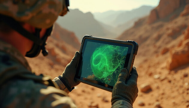 Soldier holds rugged tablet displaying glowing green tactical map with data streams. Desert terrain backdrop suggests active military operation and digital reconnaissance mission.