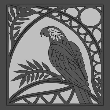 Stylized macaw parrot sitting on branch decorative graphic with stylized