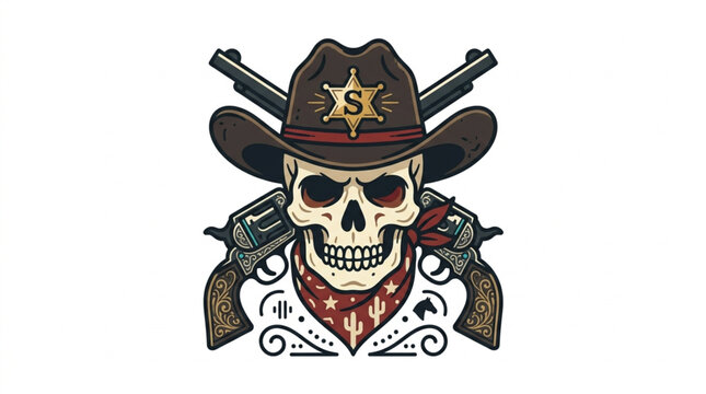 Skull Cowboy Sheriff with Guns and Bandana Illustration.