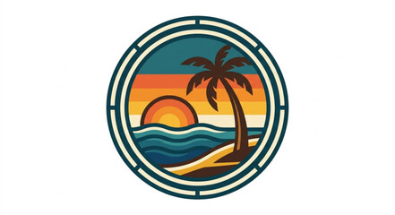 Obraz premium Tropical beach sunset scene in a circular emblem.