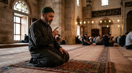 Obraz premium Man praying peacefully in a grand mosque interior with aromatic light