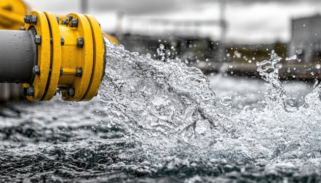 Bright yellow pipe flange ejects a powerful stream of clear water