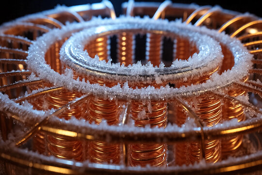 Cryogenic quantum processor golden coils with frost, concept of quantum computing and superconductivity.