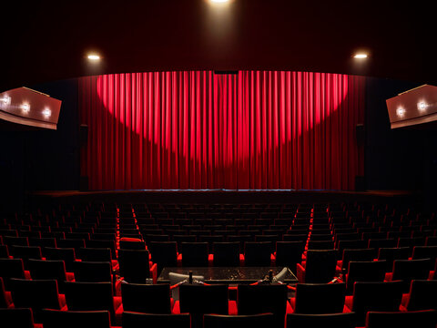 Wide view of an empty theater with a red stage curtain and dark rows of seats, a performing arts venue interior with stage lighting