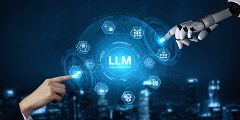 Fototapeta premium Large Language Model LLM processing data. Represents deep text learning, natural language processing NLP AI tech, transformer architecture, and generative AI deep learning future technology. Corpus