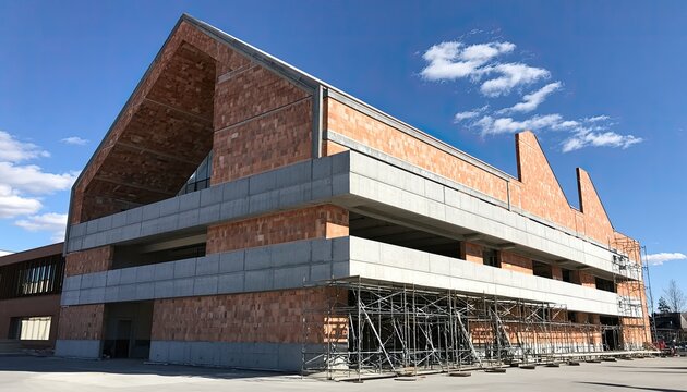 Modern building under construction, exposing brickwork, concrete levels, and scaffolding