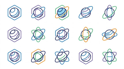 Set of abstract planet icons with orbits in hexagonal frames. © andi