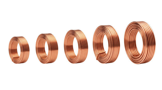 Copper wire coil collection for electrical, industrial, engineering and craft related projects. Isolated on White background.