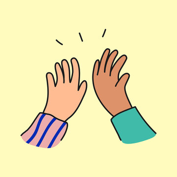 Diverse hands high five doodle clipart, celebration creative, colorful illustration