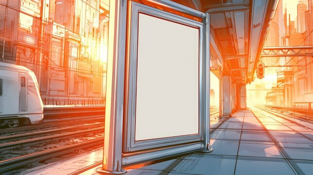 Empty advertising screen on a futuristic train platform at sunset