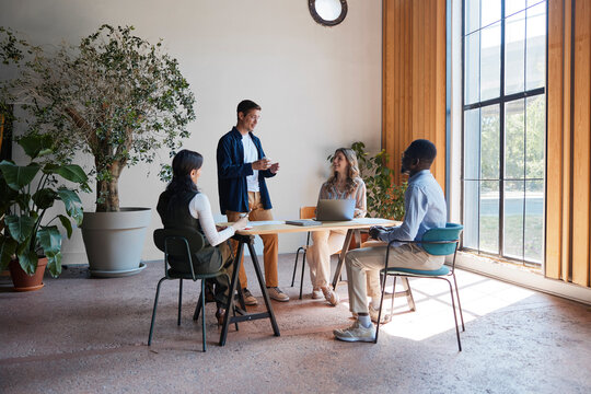 Diverse business team collaborating during an informal office meeting, discussing strategies and ideas in a modern workspace with natural light and plants